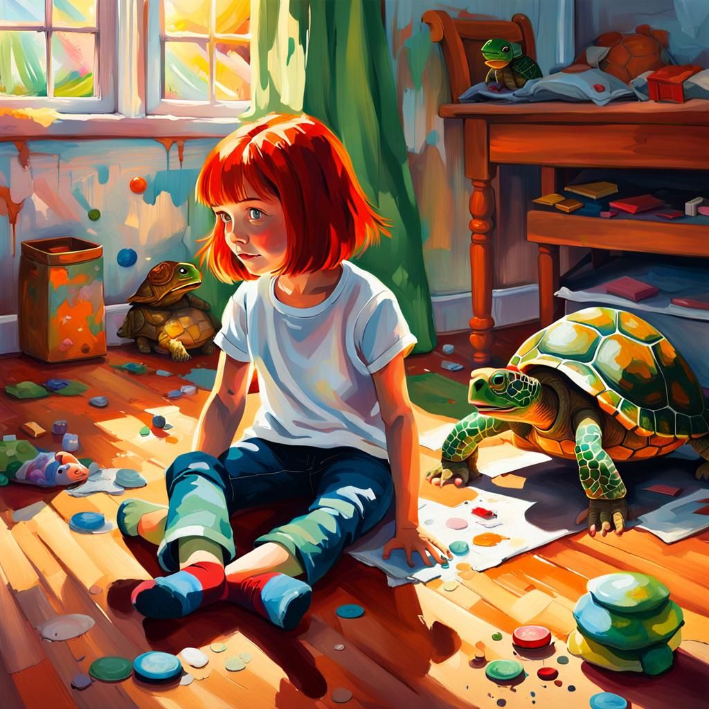 Girl and Turtle in Dreamy Oil Painting
