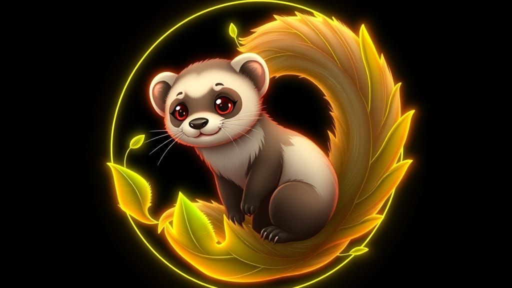 Smiling Chibi Ferret with Neon Fractal Border