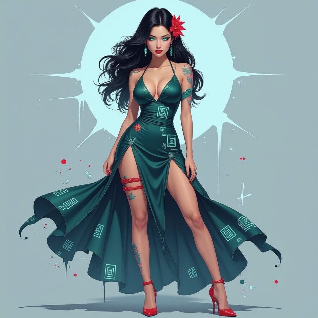 Cyberpunk Ink Goddess with Digital Fractures