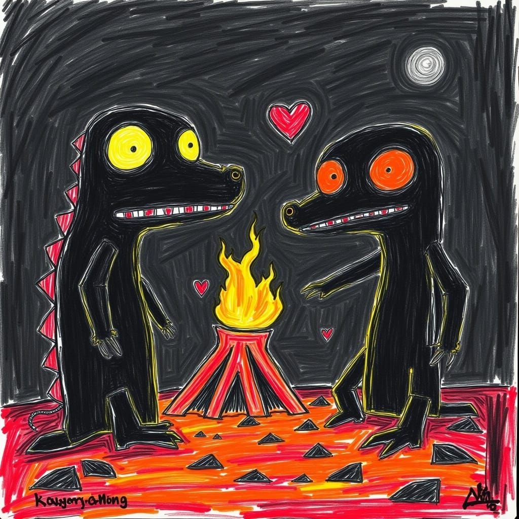 Cute Lava Demons on a Fiery First Date in a Cyberpunk Landsc...