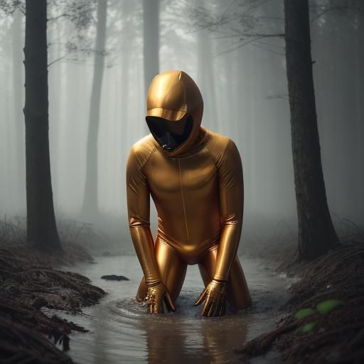 Man in Latex Sinking into Quicksand in Cinematic Style
