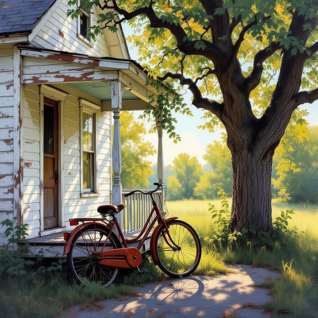 Weathered House With Rusted Bicycle in Dappled Light