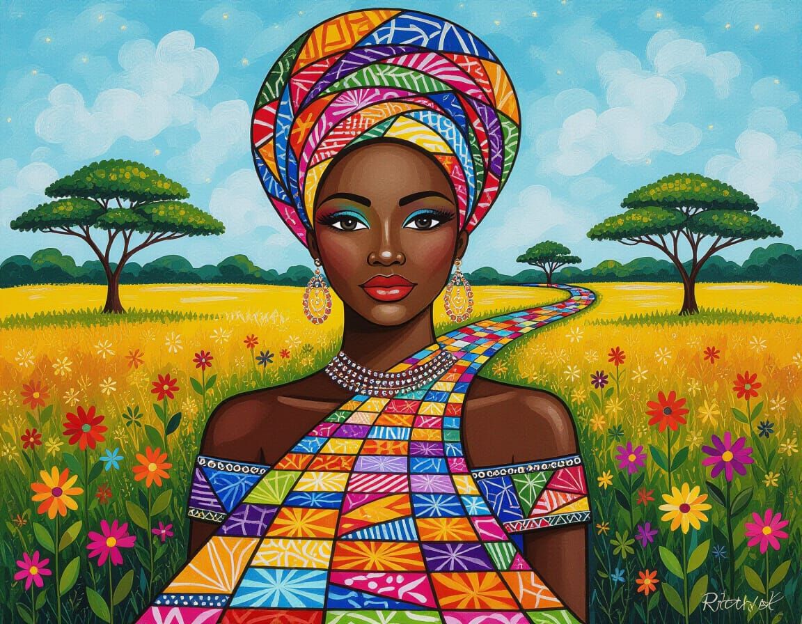 Luminous Embroidered Pathway with African Princess
