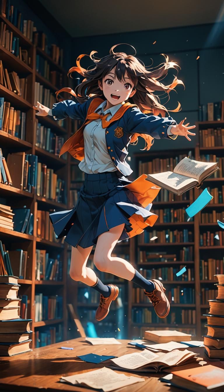 Anime Girl's Action Jump in Messy Study
