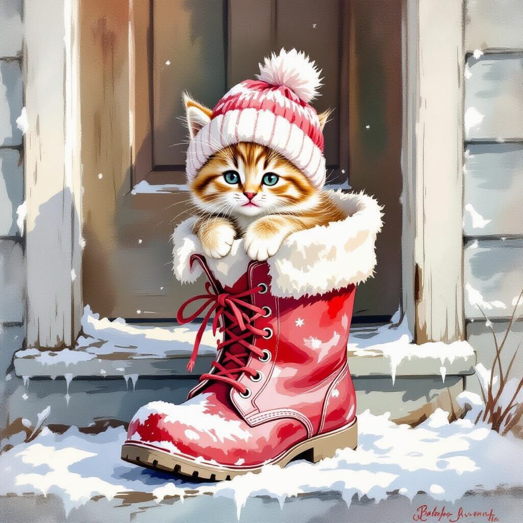 Cute Kitten in Christmas Boot: Watercolor Style