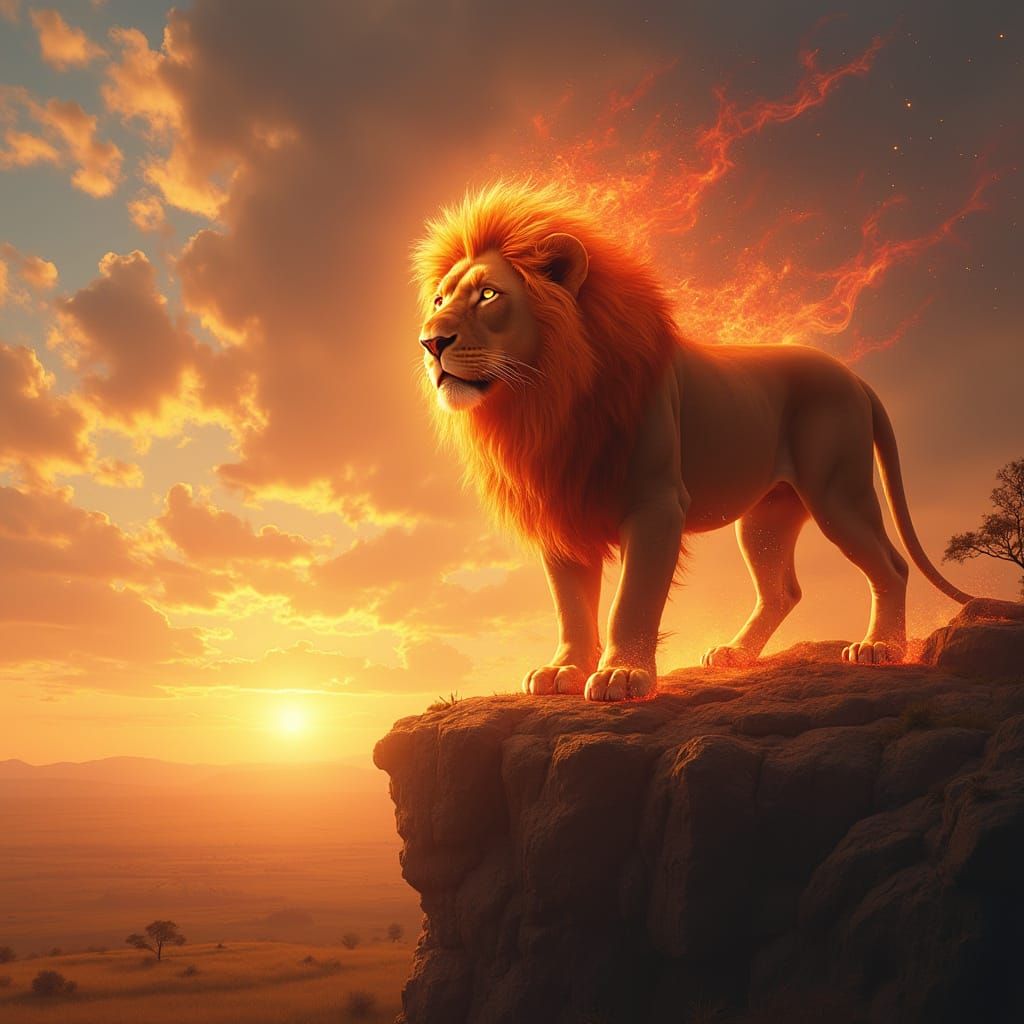 Fiery Lion Overlooking Savannah, Digital Art