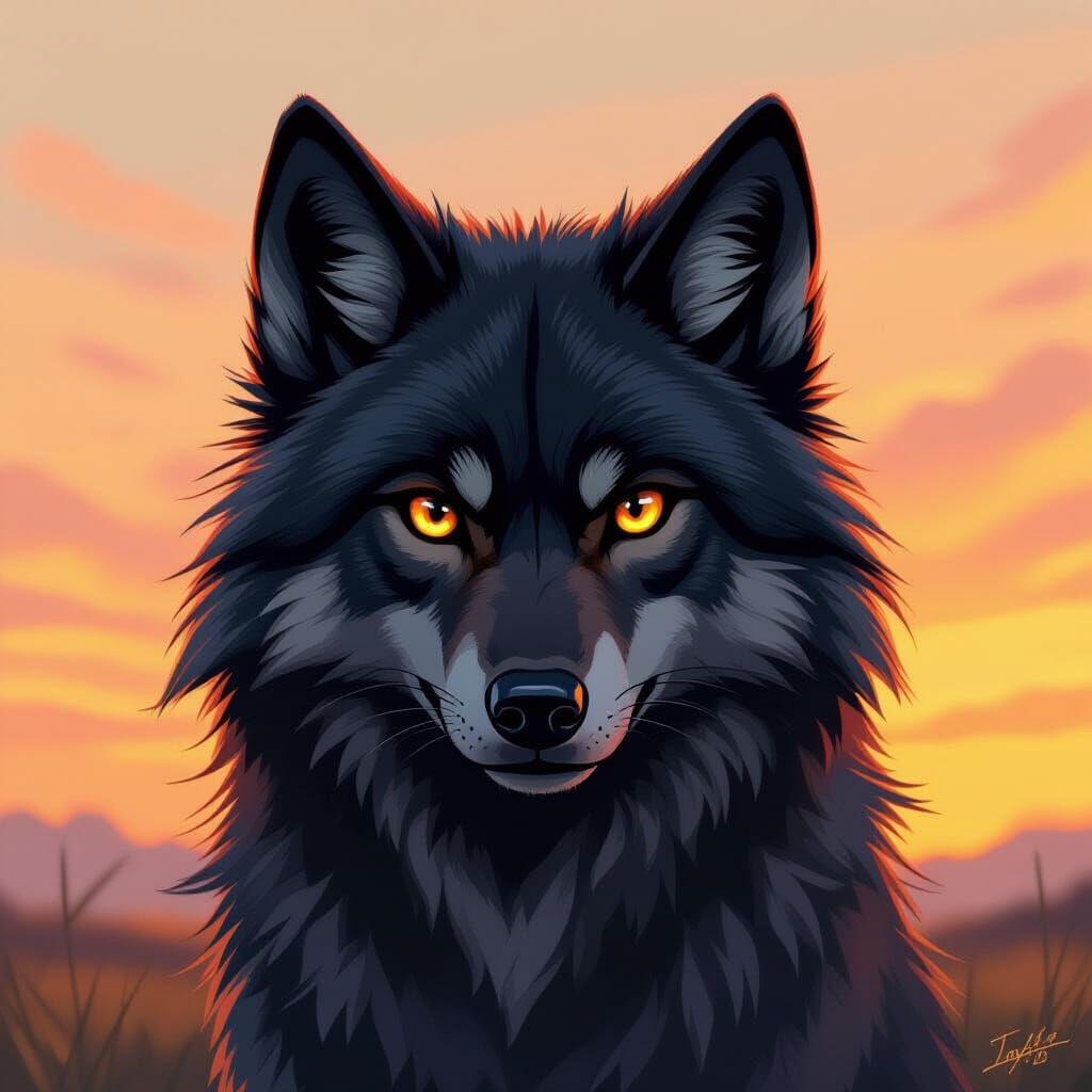 Cartoon Black Wolf with Amber Eyes