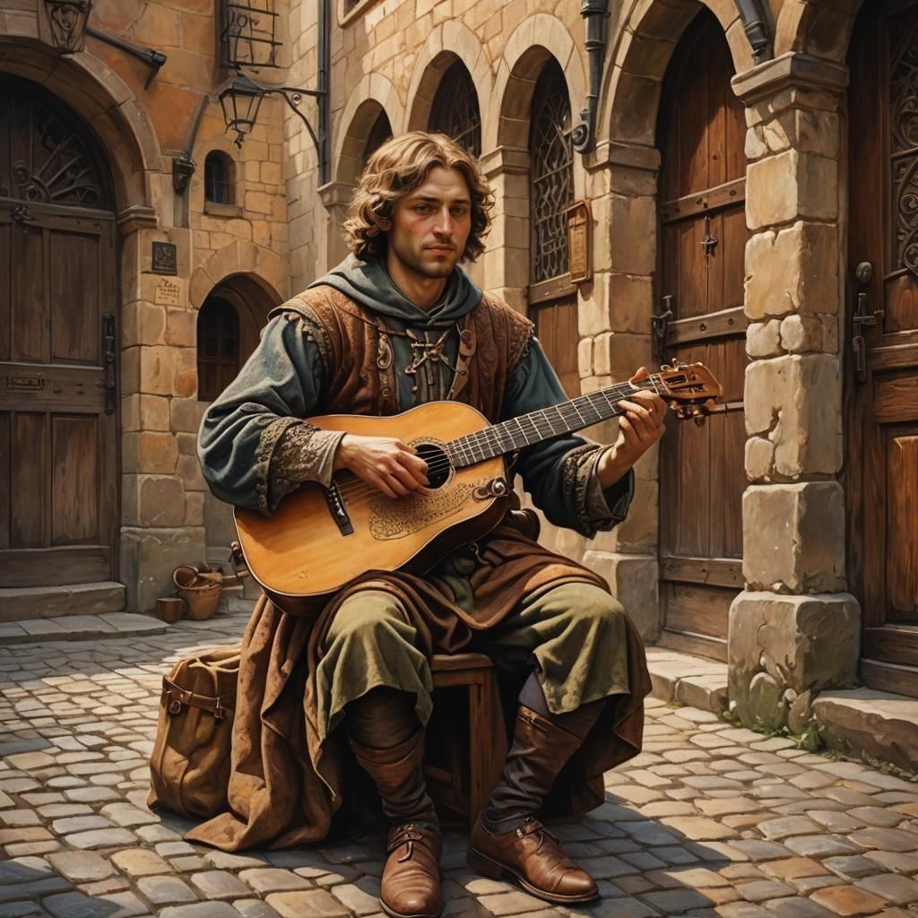 Medieval Street Musician in Realistic Detail