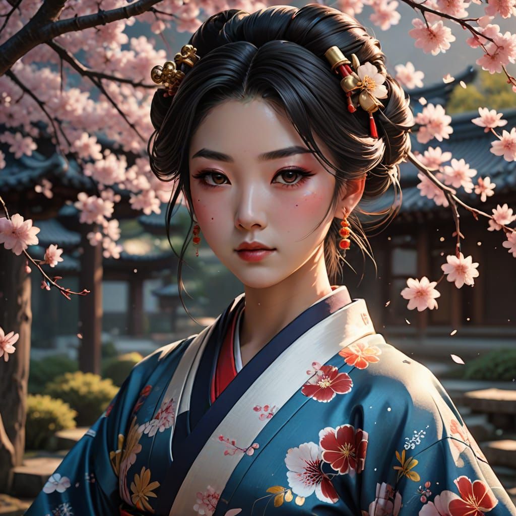 Serene Geisha Composing Haiku in Blossoming Kyoto Garden