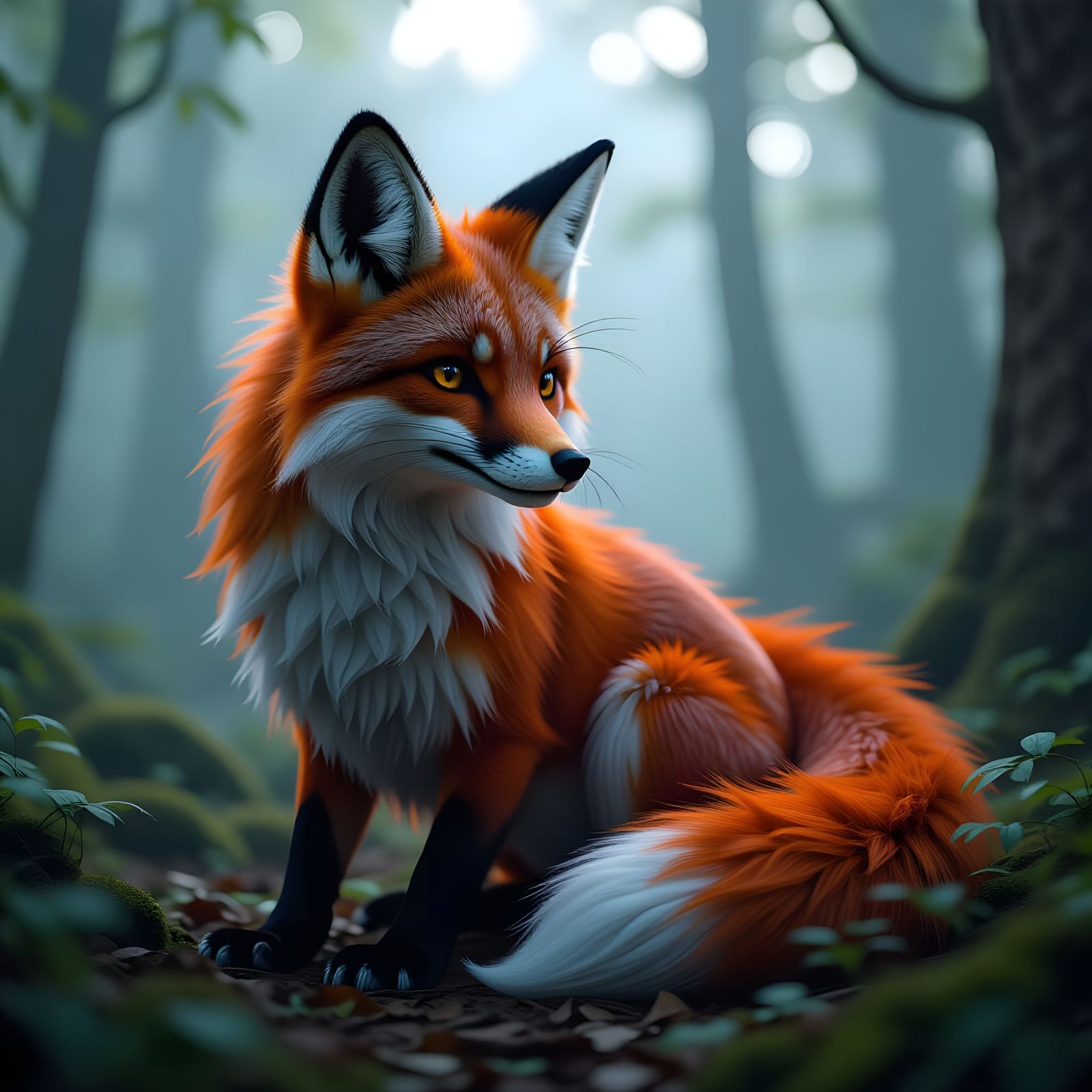 3D Fox Dragon Hybrid Hiding in Atmospheric Woods
