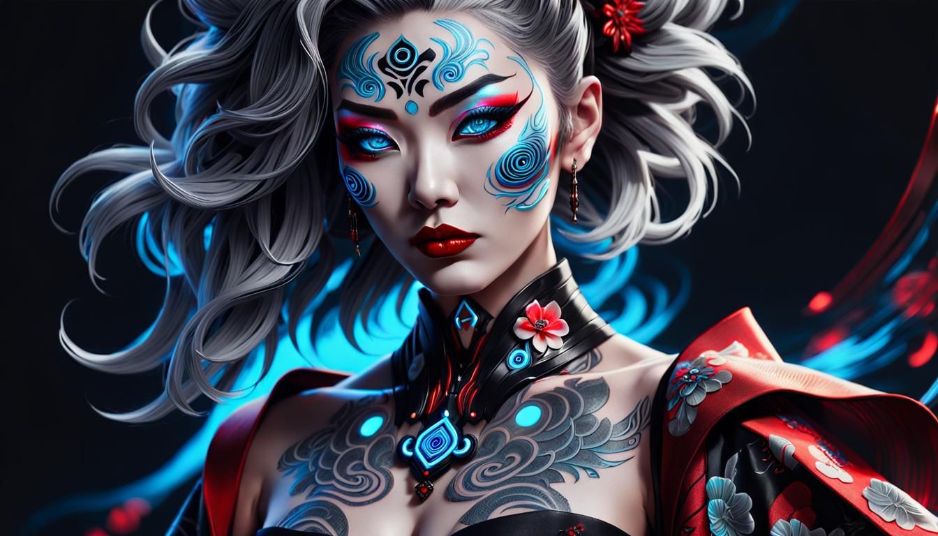 Cyberpunk Kabuki Portrait with Neon Accents