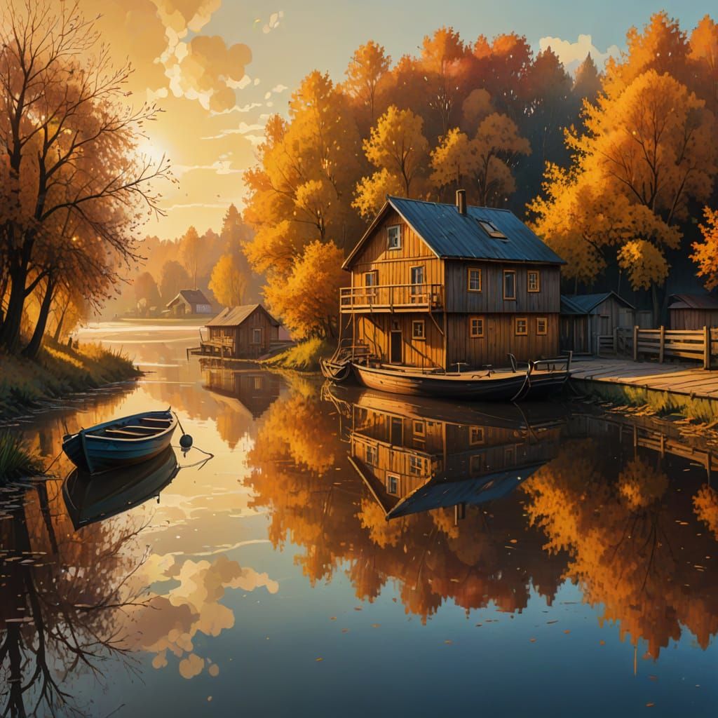 Autumn River Scene in Vibrant Stencil Street Art