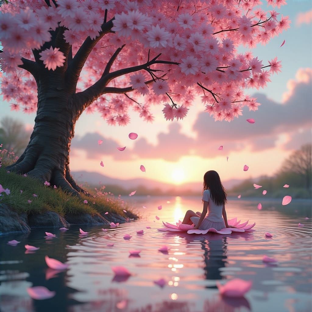 Cherry Blossom Fantasy Scene with Girl on Petal