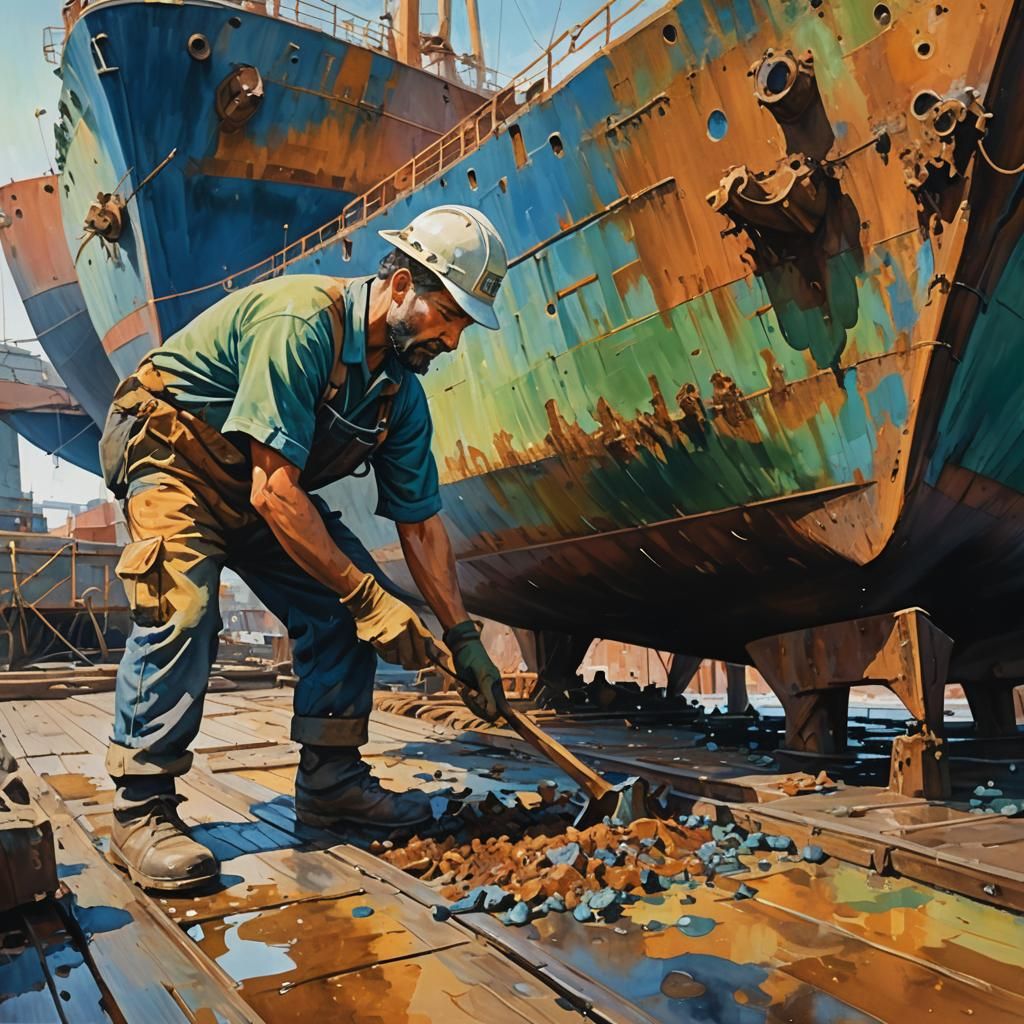 Shipyard Worker Stripping Rust in Dry Dock