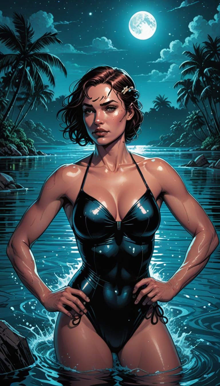 Dreamy Nighttime Pool Scene in Comic Book Style