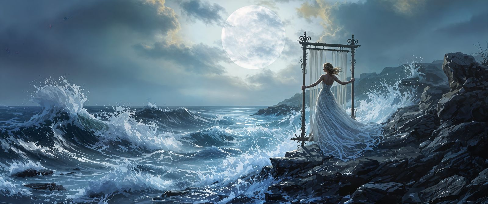 Surreal Oceanic Goddess Weaves the Tides with Moonlit Thread...