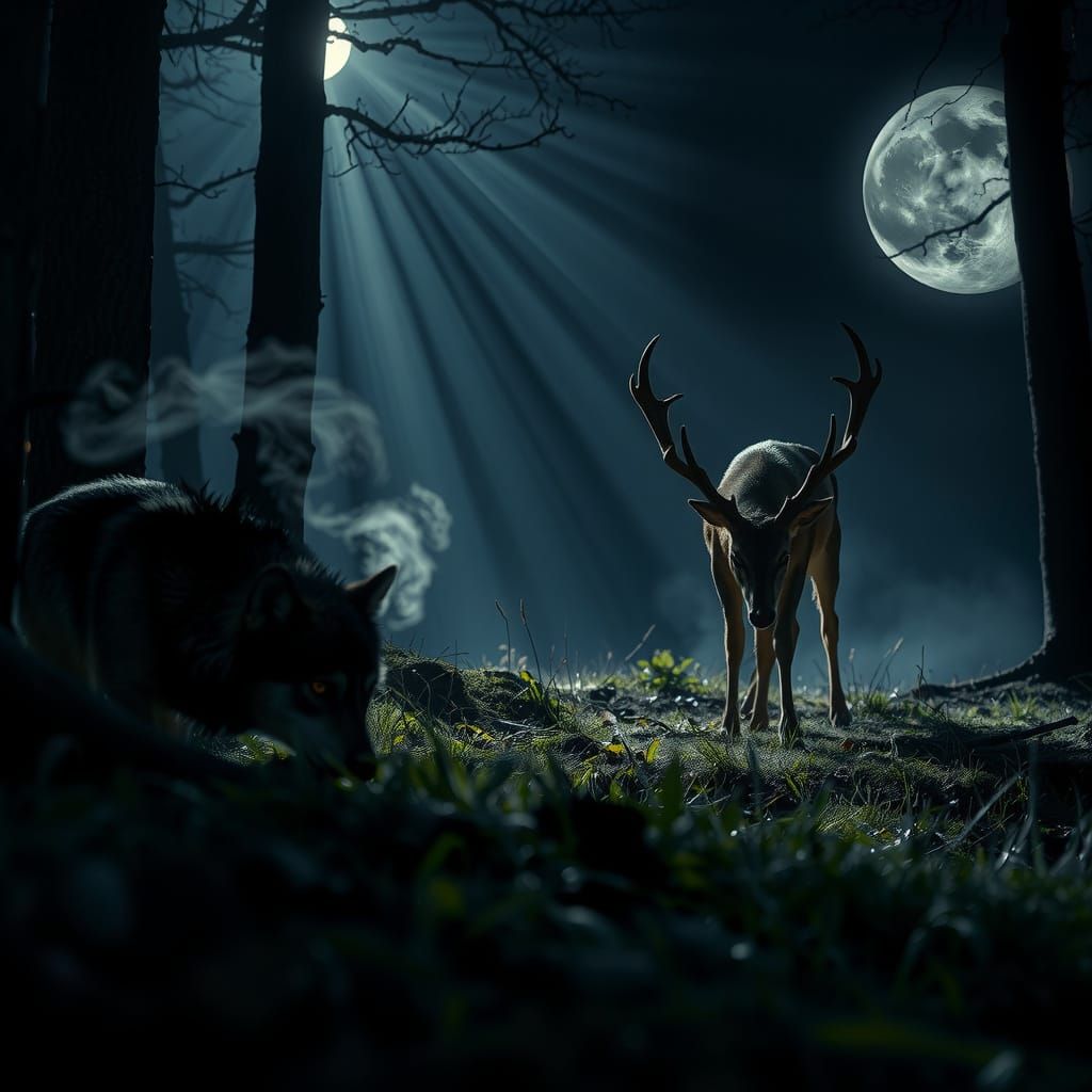 Wolf Hunts Deer in Moonlit Forest: Dramatic Suspense