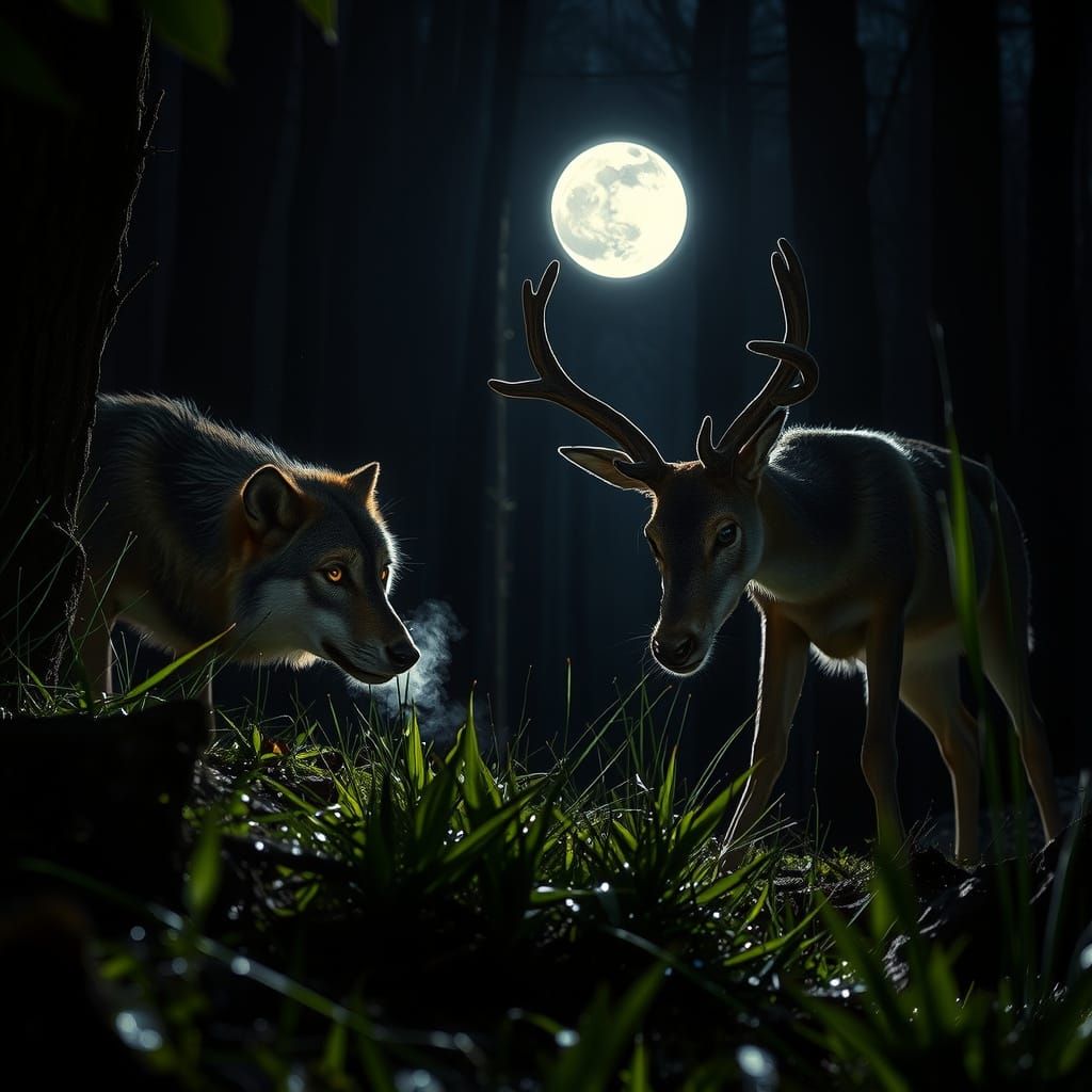 Tense Wolf Stalks Deer in Moonlit Forest