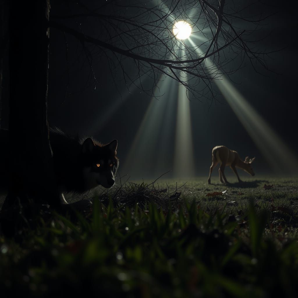 Wolf and Deer in Moonlit Forest: A Night Encounter