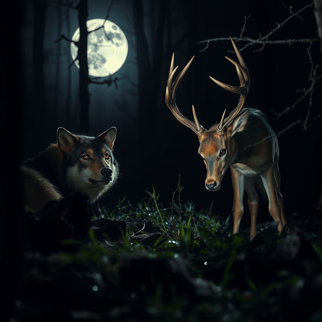 Wolf Hunts Deer in Moonlit Forest: Cinematic Wildlife Photog...