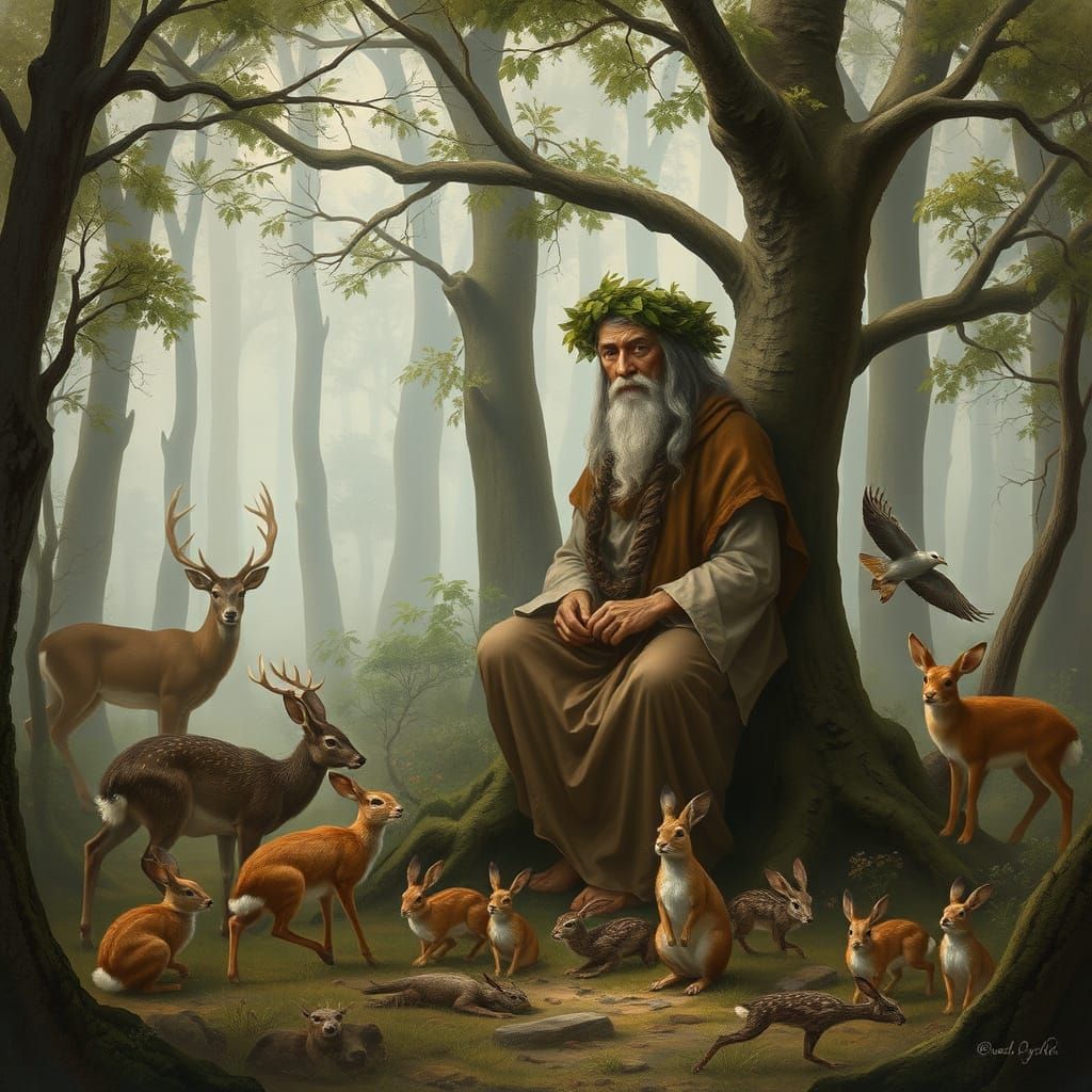 Ancient Healer Tending Sacred Grove in Lush Forest