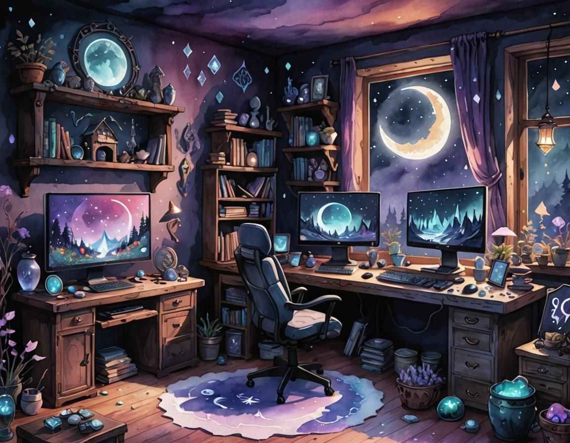 Gaming PCs in a Cozy Pagan Home, Watercolor Style
