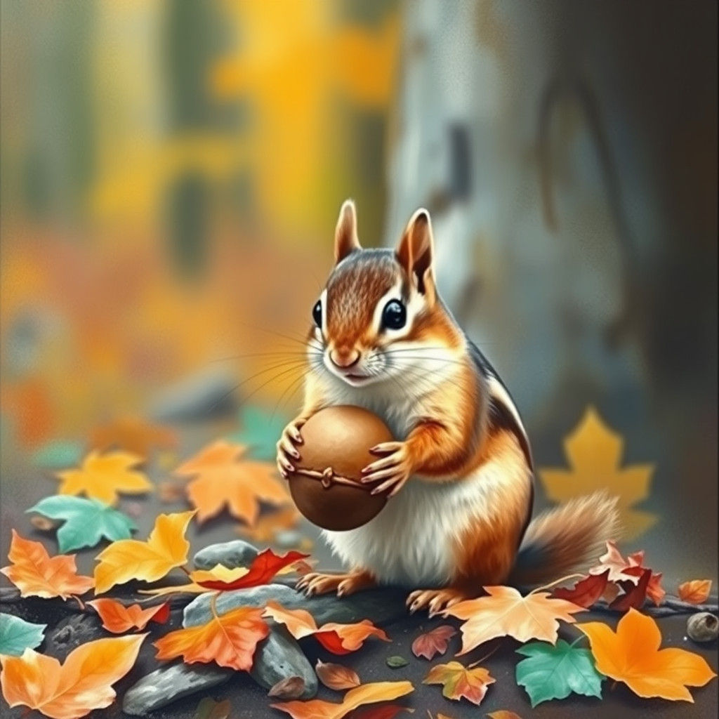 Chipmunk's Autumn Acorn: Gouache Impressionist Painting