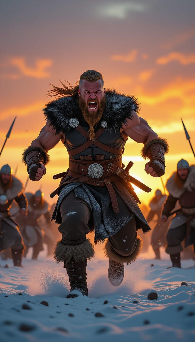 Viking Warrior Charges Bare-Fisted in Dramatic Sunrise