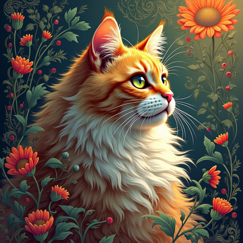 Floral Cat Portrait in Art Nouveau Style
