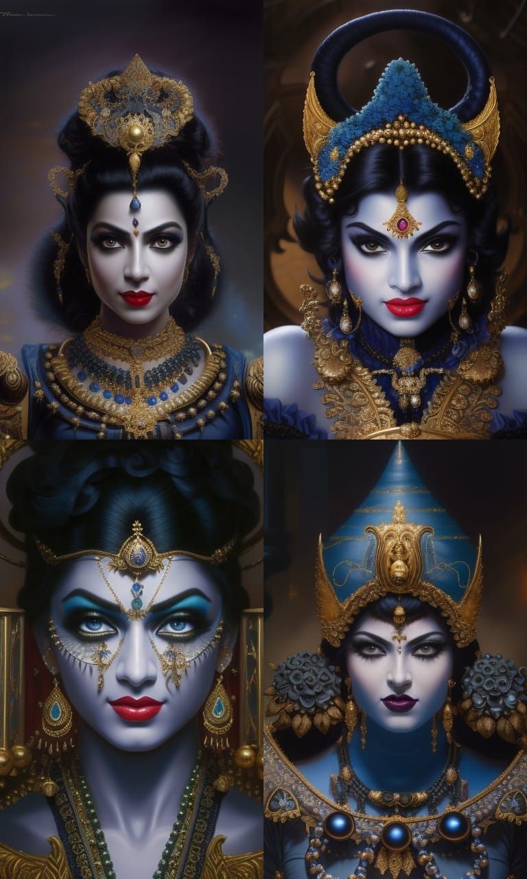 Detailed Painting of Smiling Kali with Gold Filigree