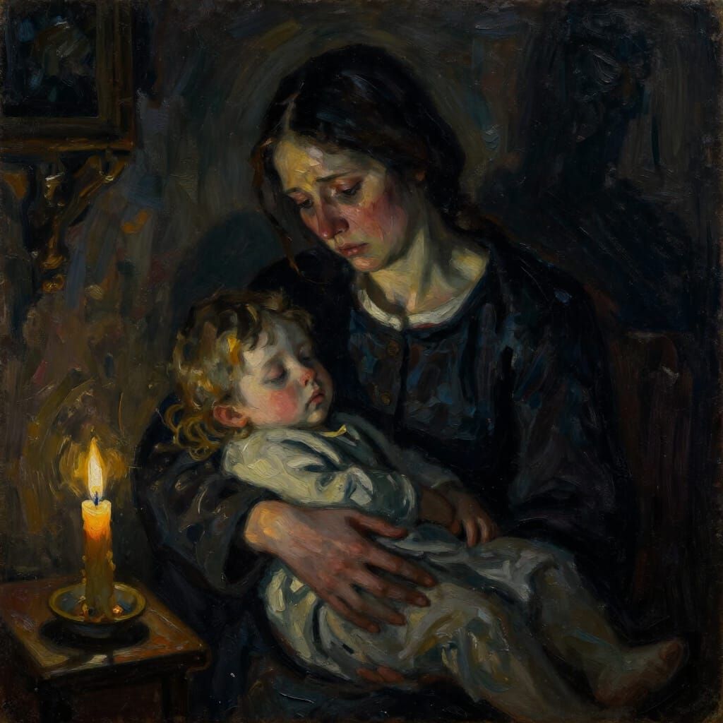 Mother's Sorrow: A Candlelit Portrait of Parental Anguish
