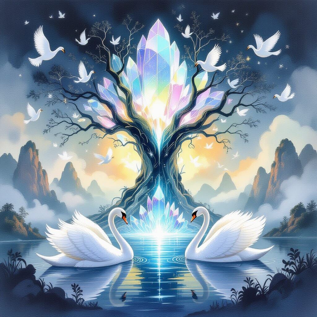Iridescent Swans Surround Crystalline Tree on Floating Islan...