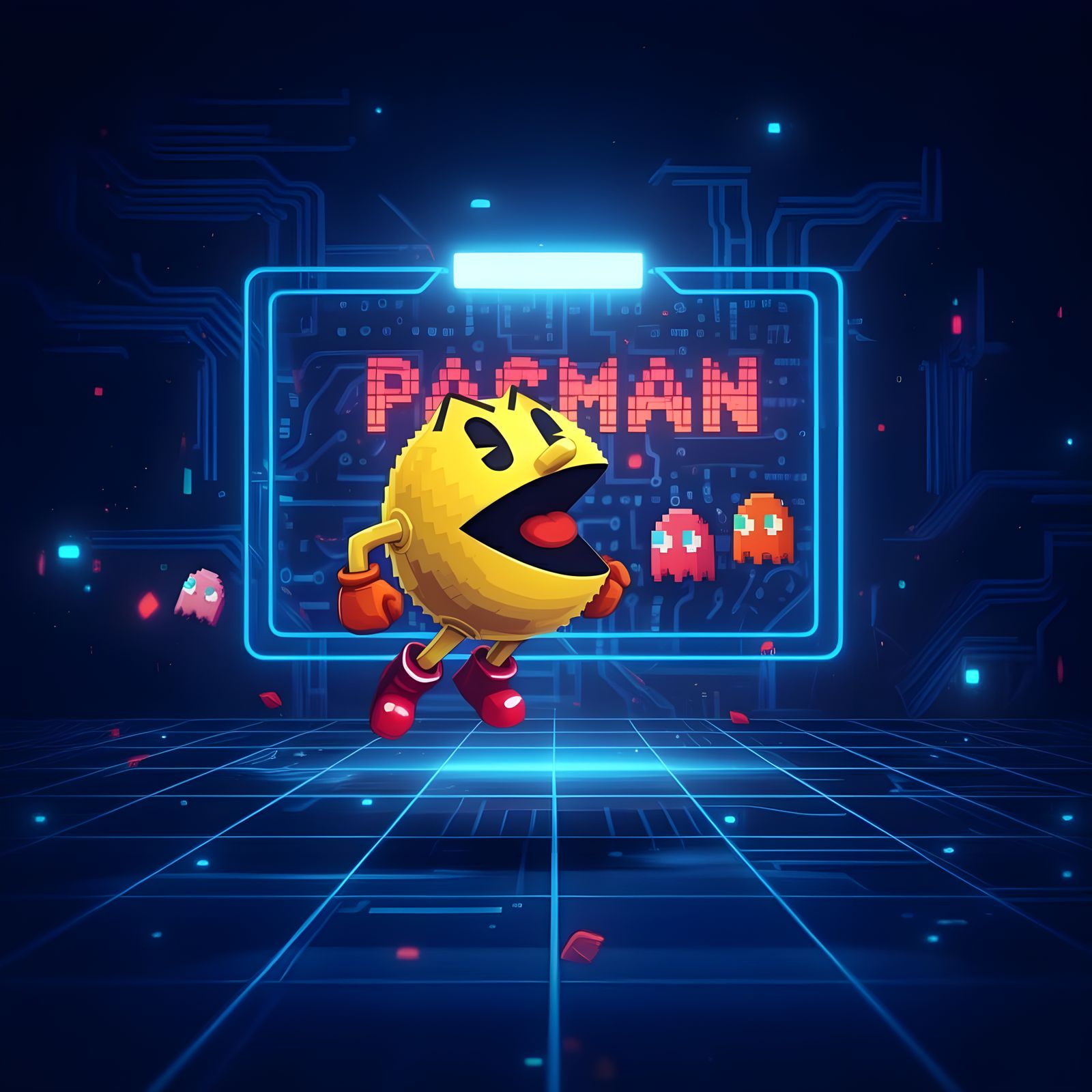 Vibrant Pacman Game in Cyberpunk Space