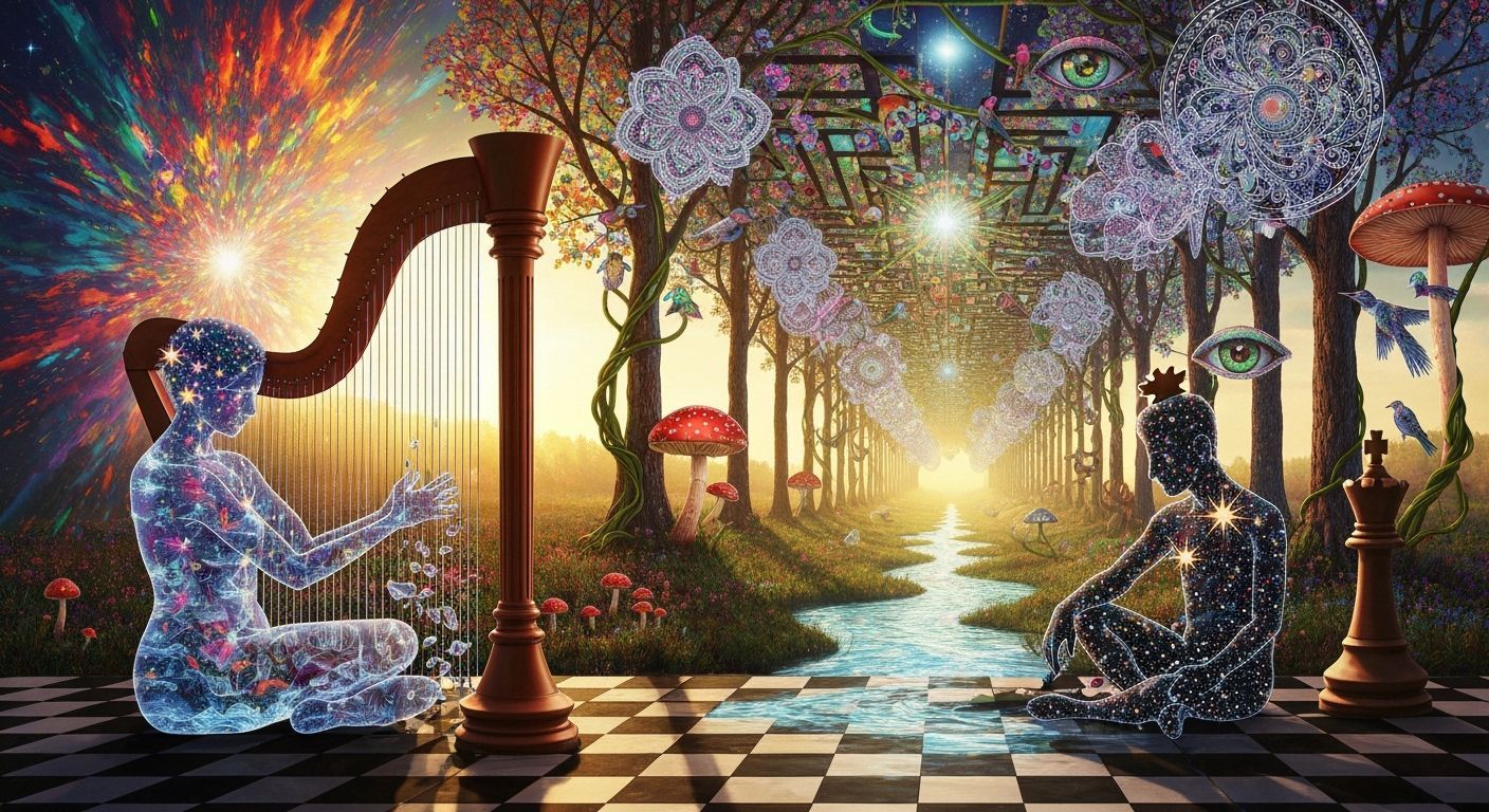 Surreal Harpist Among Stars and Labyrinth