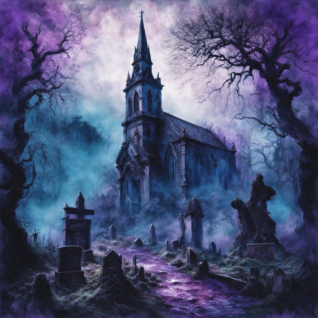 Epic spooky_haunted, mystic old church and cemetery, old bridge over river