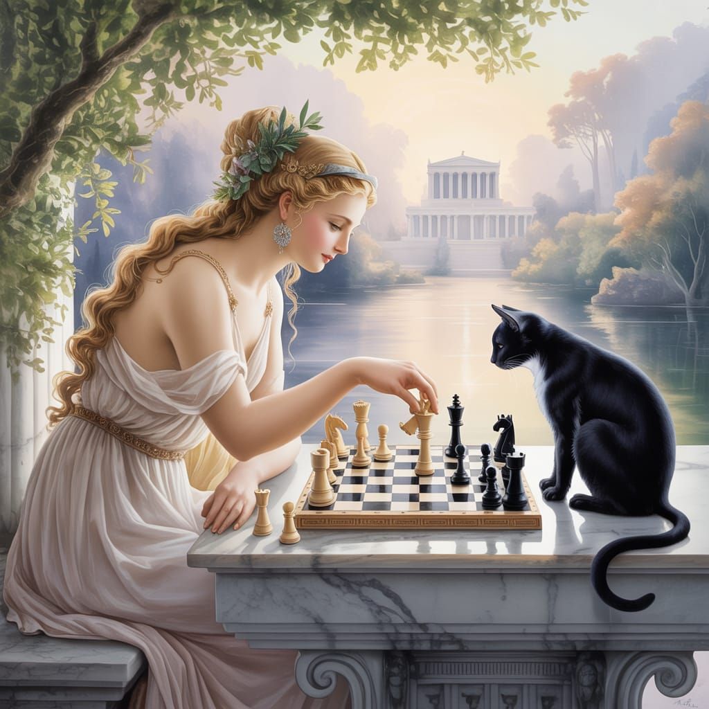 Aphrodite and Cat in Dreamy Watercolor Chess Game