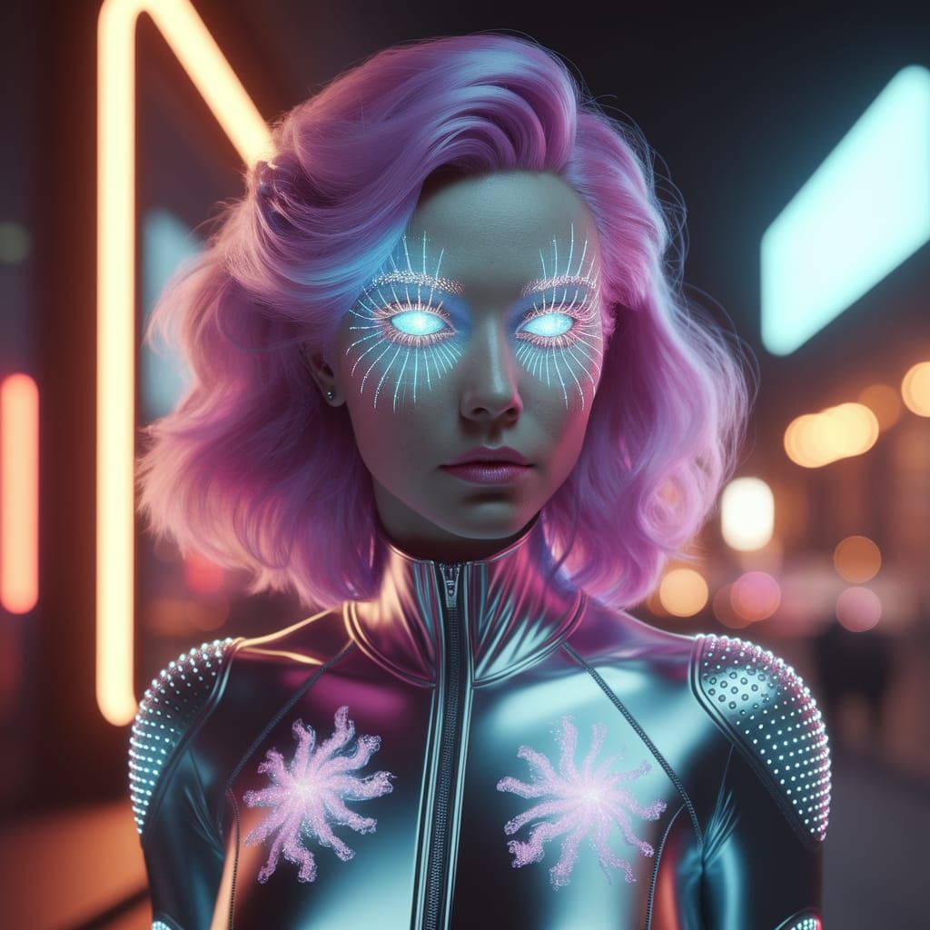 a cyberpunk woman inspired by the style of Lisa Frank