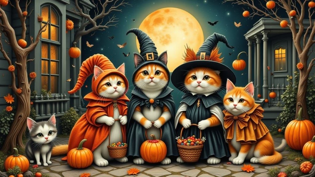 Whimsical Cat Family in Halloween Costumes for Trick-or-Trea...