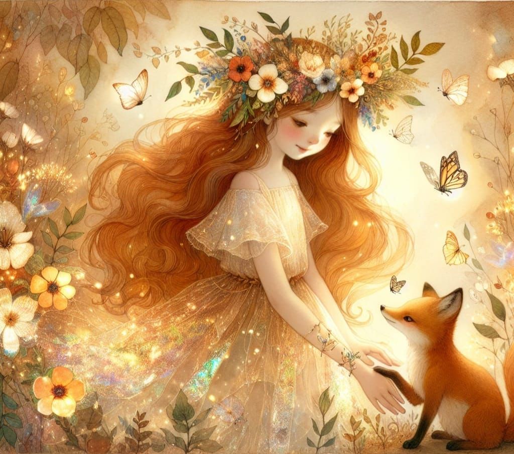 Magical Girl with Fox in Enchanted Forest