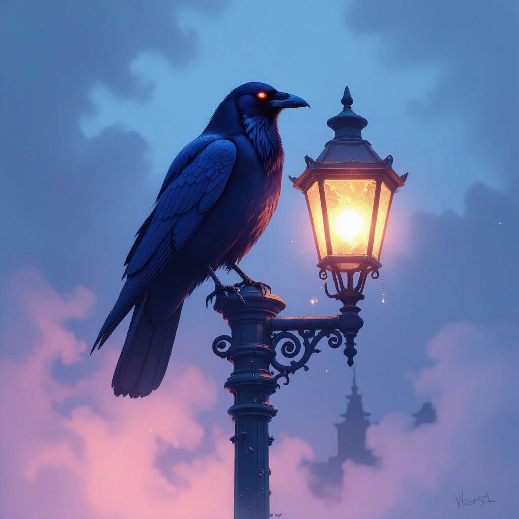 Glowing Crow on Lamppost in Detailed Matte Painting Style
