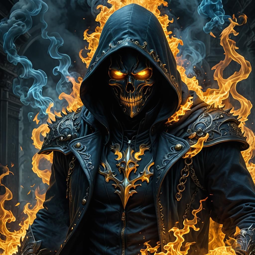 Smoky Hooded Figure with Glowing Eyes