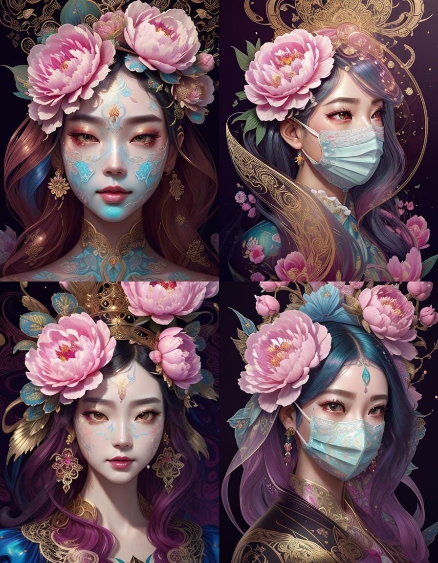 Peony Queen in Glassy Dream: Ink Illustration