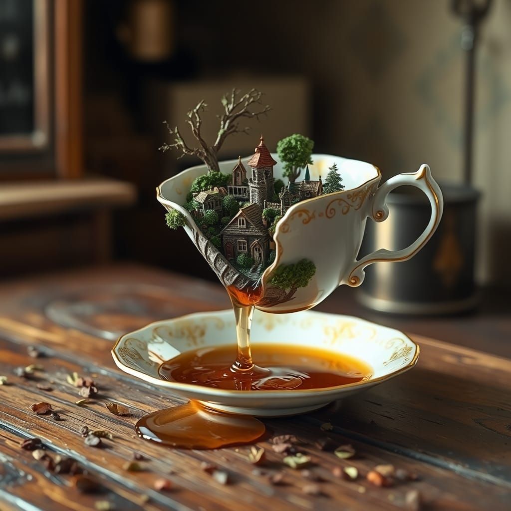 Enchanted Miniature Village in Floating Teacup