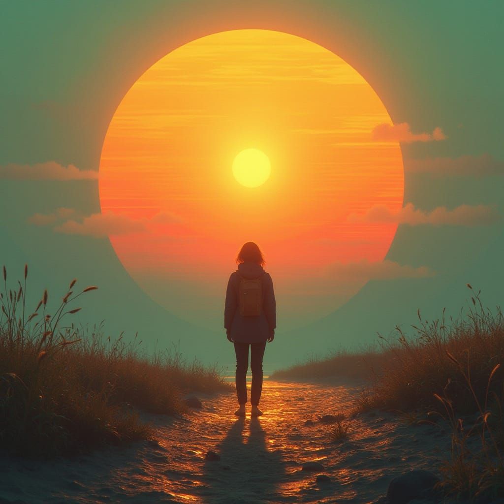 Person in Sunlit Landscape Inspired by Stalenhag