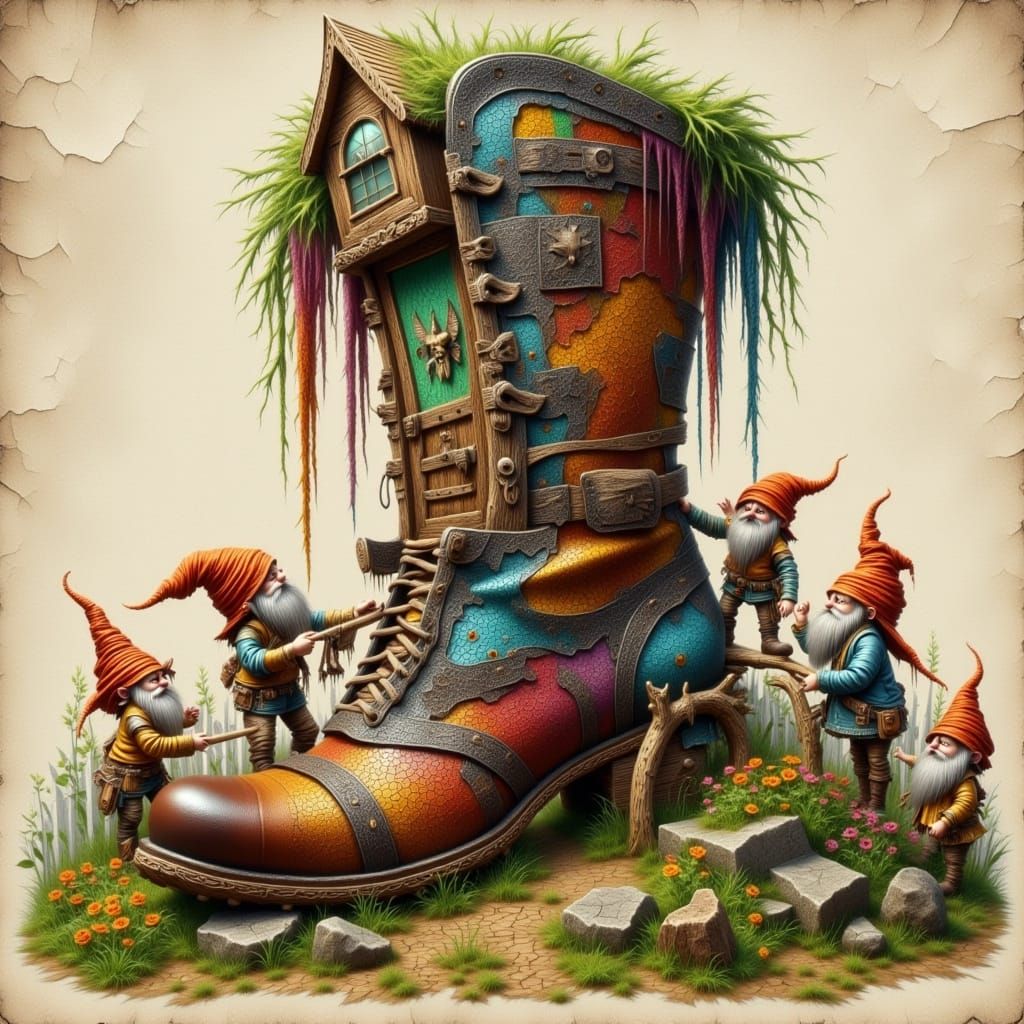 Colorful Gnome Home in Old Boot, 3D Style