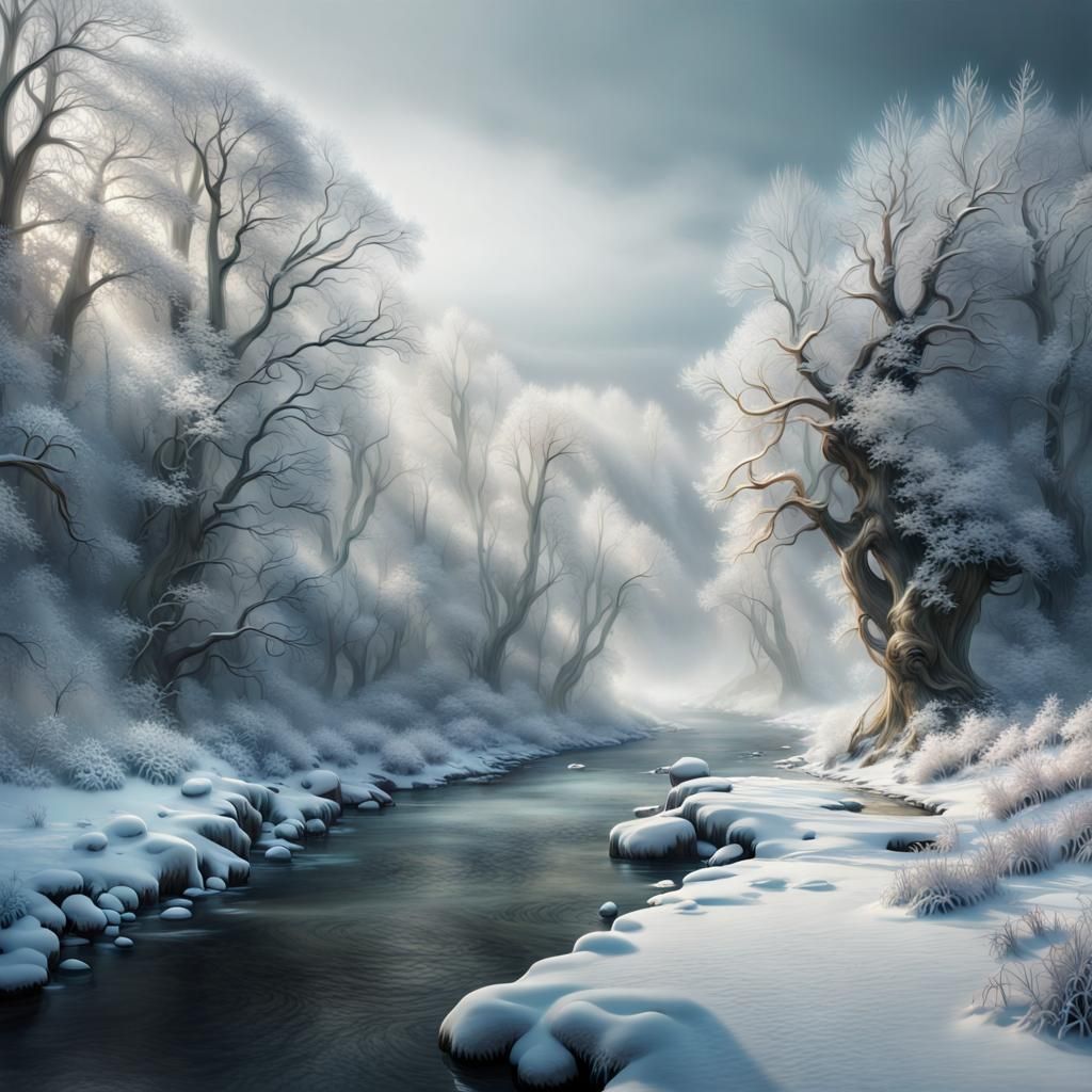 Winter River with Snowy Forest: Digital Matte Painting