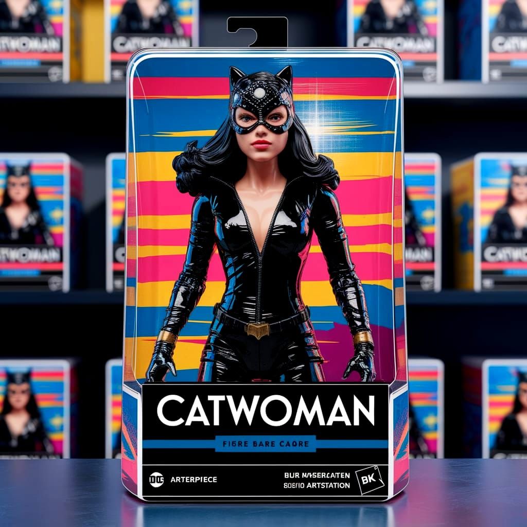 Vintage-Style Catwoman Action Figure Box Art in Hyperrealist...