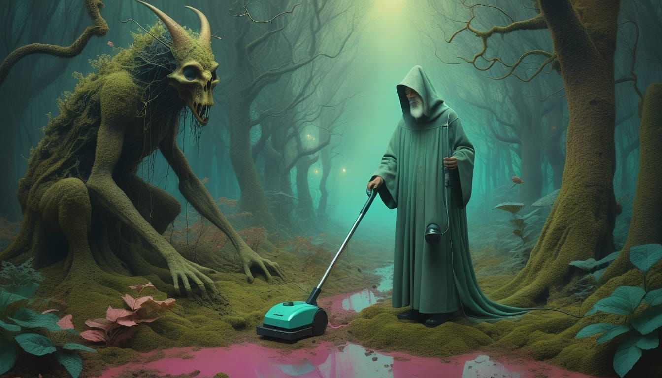 Whimsical Forest Scene with Playful Demons and Alien Archite...