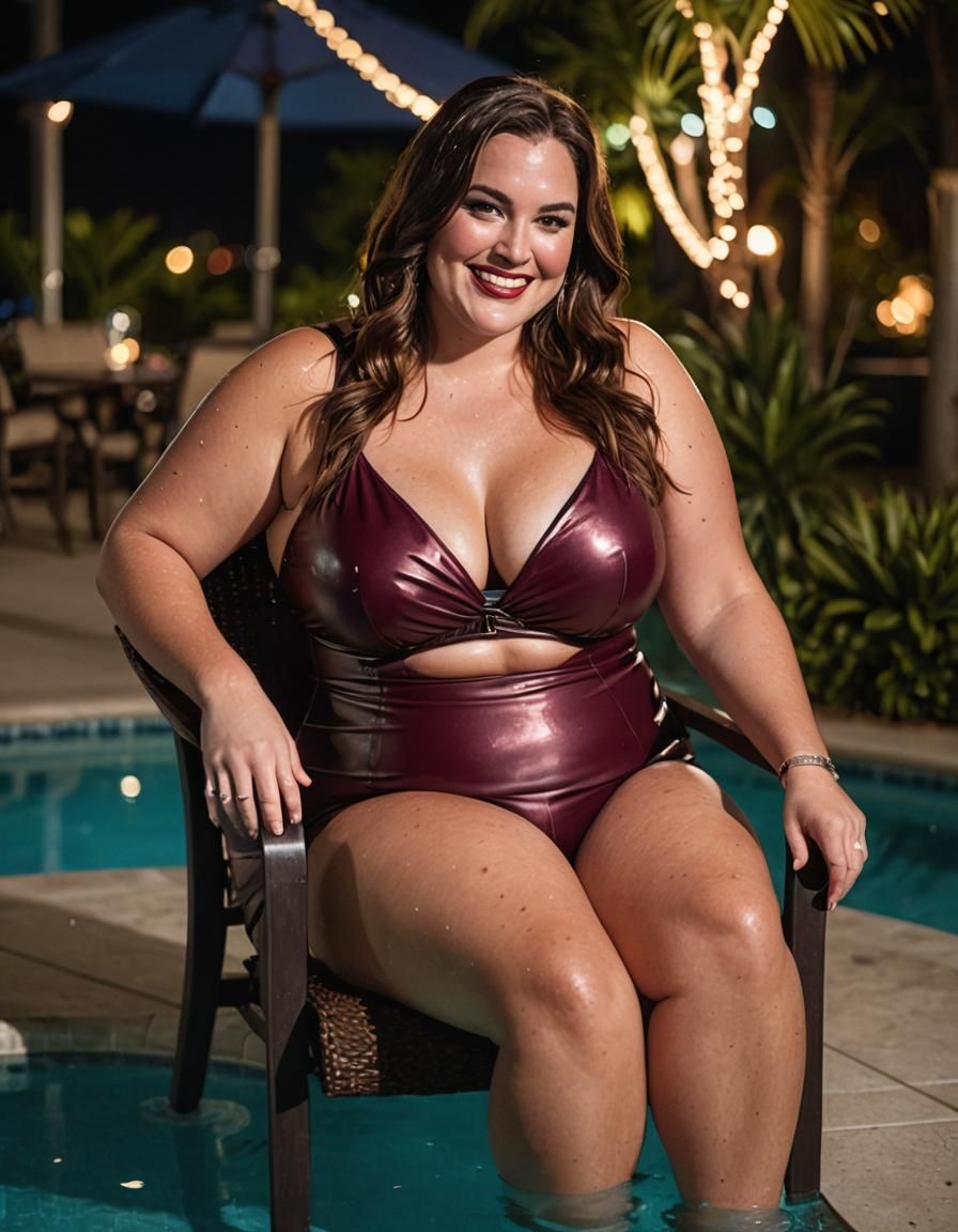 Pool Party Play Time wearing a shiny, wet look, burgundy bik...