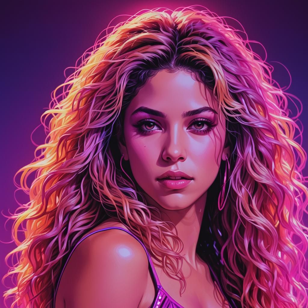 Shakira Portrait in Synthwave Neon Retro Style